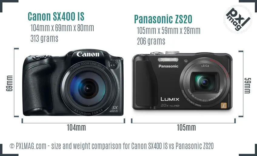 Canon SX400 IS vs Panasonic ZS20 size comparison