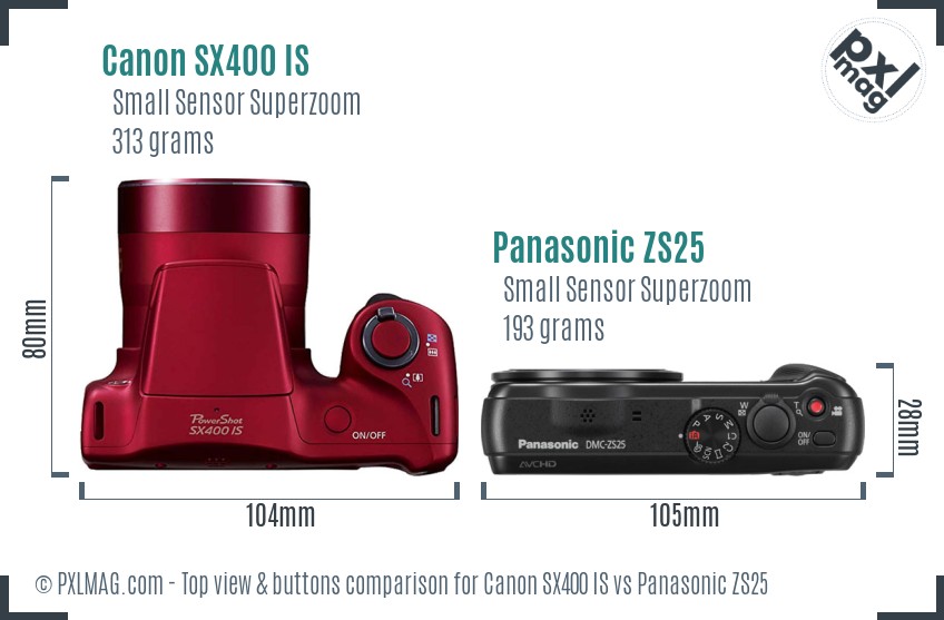 Canon SX400 IS vs Panasonic ZS25 top view buttons comparison