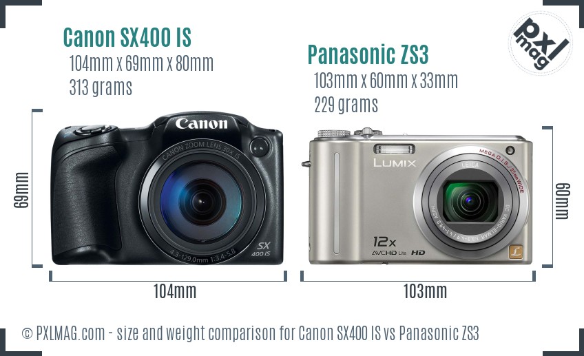 Canon SX400 IS vs Panasonic ZS3 size comparison