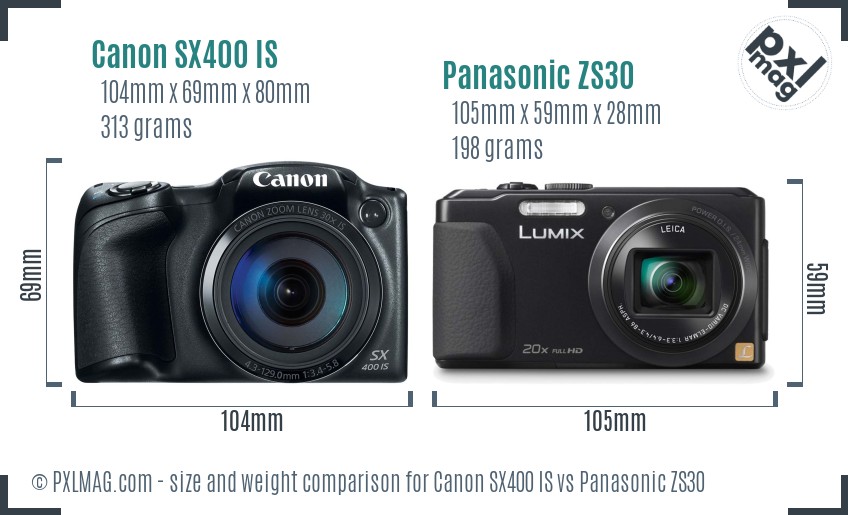 Canon SX400 IS vs Panasonic ZS30 size comparison