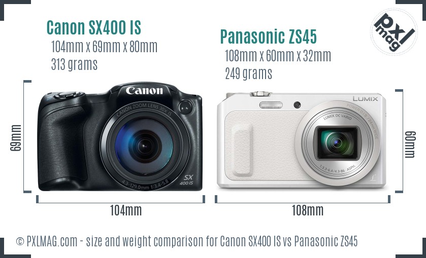 Canon SX400 IS vs Panasonic ZS45 size comparison