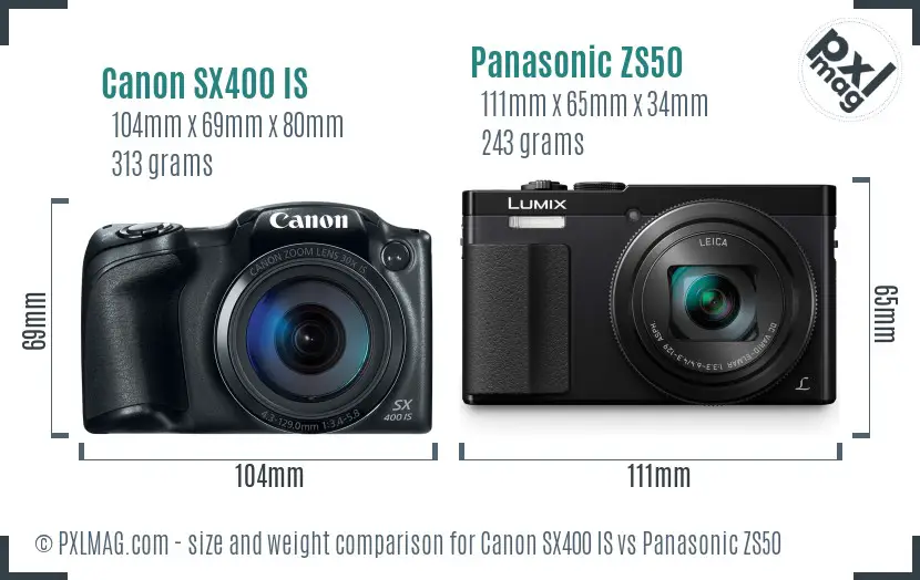 Canon SX400 IS vs Panasonic ZS50 size comparison