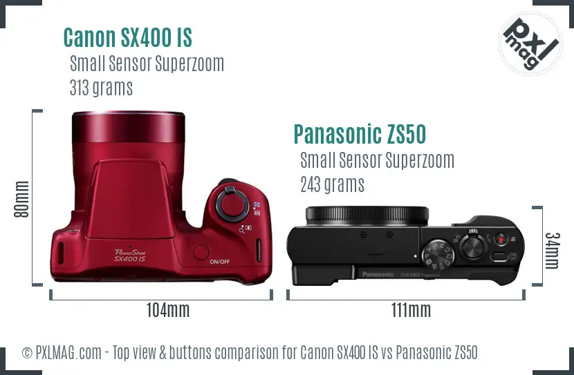 Canon SX400 IS vs Panasonic ZS50 top view buttons comparison
