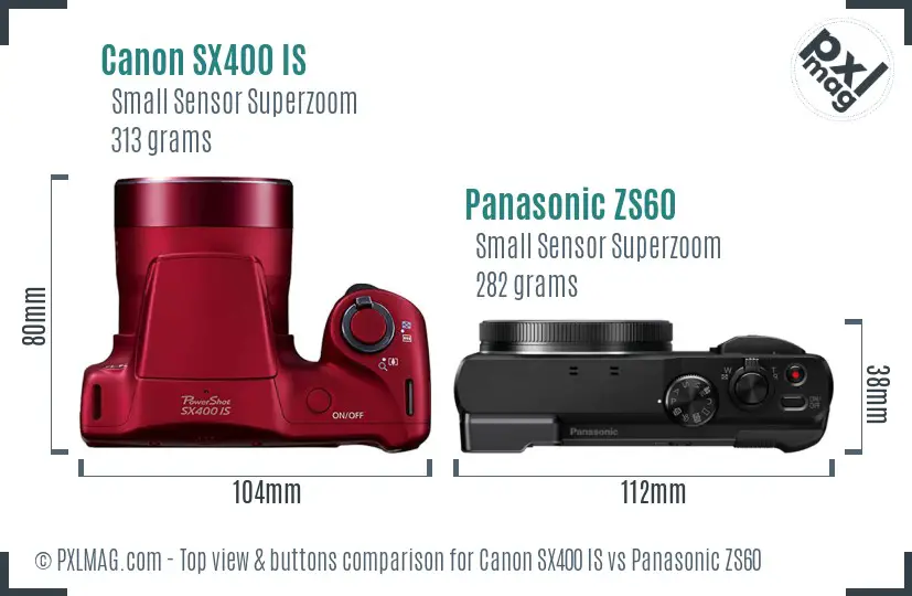 Canon SX400 IS vs Panasonic ZS60 top view buttons comparison