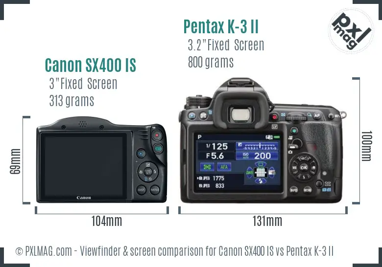 Canon SX400 IS vs Pentax K-3 II Screen and Viewfinder comparison