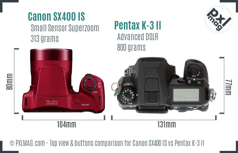 Canon SX400 IS vs Pentax K-3 II top view buttons comparison