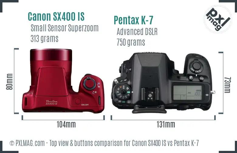 Canon SX400 IS vs Pentax K-7 top view buttons comparison