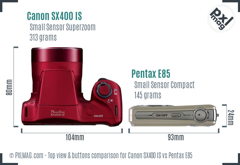 Canon SX400 IS vs Pentax E85 top view buttons comparison