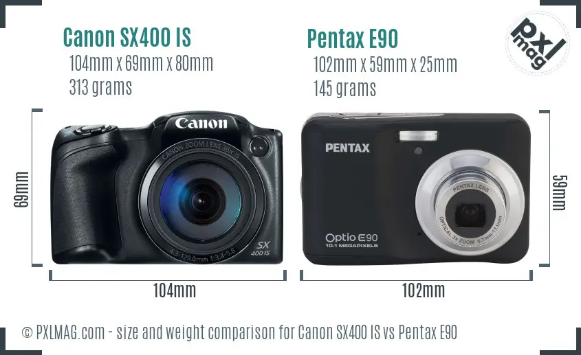 Canon SX400 IS vs Pentax E90 size comparison