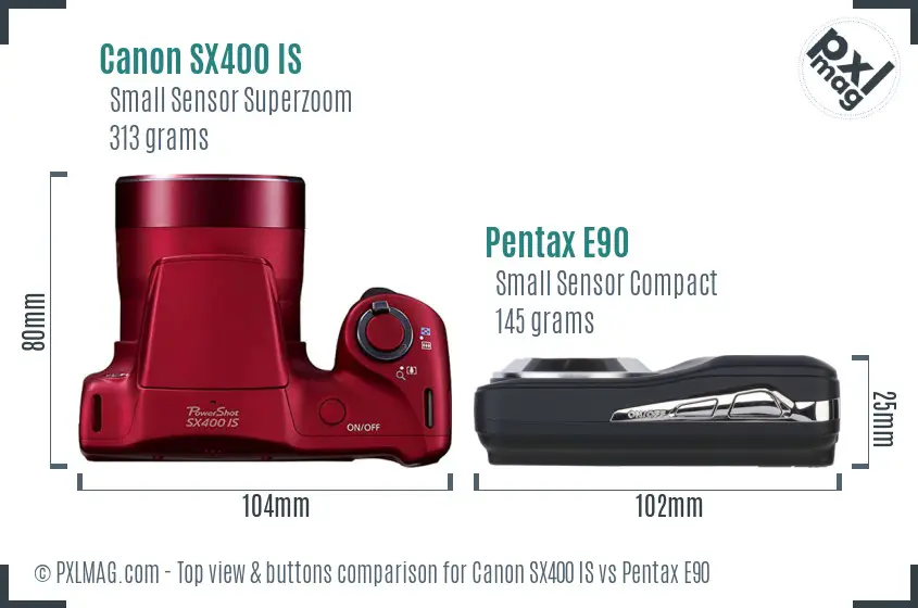 Canon SX400 IS vs Pentax E90 top view buttons comparison