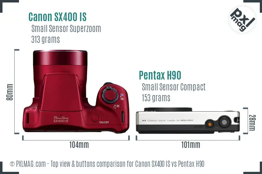 Canon SX400 IS vs Pentax H90 top view buttons comparison Canon SX400 IS vs Pentax H90 top view buttons comparison