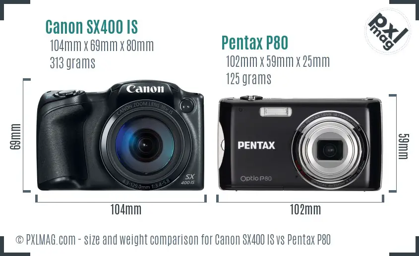 Canon SX400 IS vs Pentax P80 size comparison