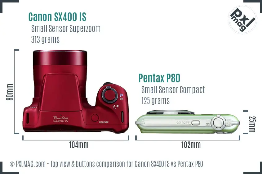 Canon SX400 IS vs Pentax P80 top view buttons comparison