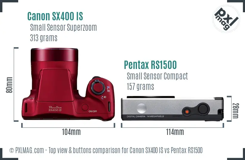 Canon SX400 IS vs Pentax RS1500 top view buttons comparison Canon SX400 IS vs Pentax RS1500 top view buttons comparison