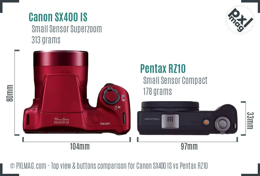 Canon SX400 IS vs Pentax RZ10 top view buttons comparison