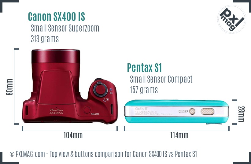 Canon SX400 IS vs Pentax S1 top view buttons comparison