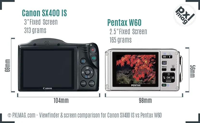 Canon SX400 IS vs Pentax W60 Screen and Viewfinder comparison
