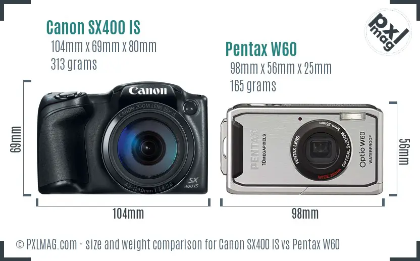 Canon SX400 IS vs Pentax W60 size comparison