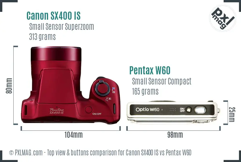 Canon SX400 IS vs Pentax W60 top view buttons comparison