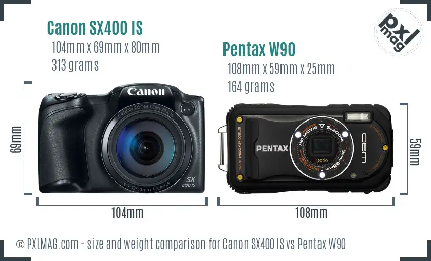 Canon SX400 IS vs Pentax W90 size comparison