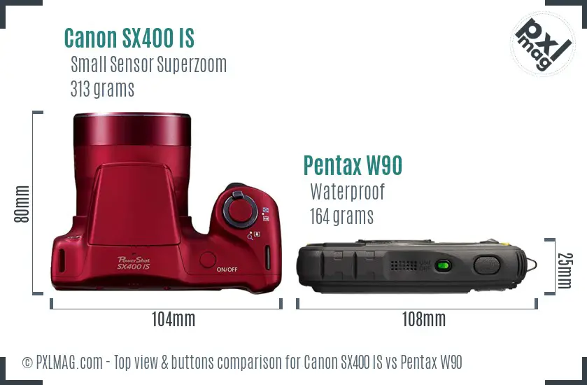 Canon SX400 IS vs Pentax W90 top view buttons comparison