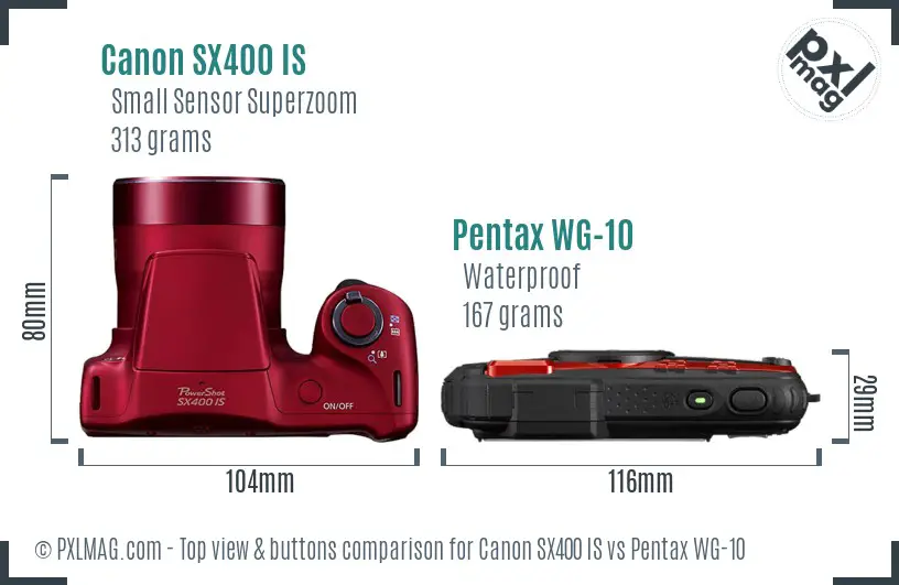 Canon SX400 IS vs Pentax WG-10 top view buttons comparison