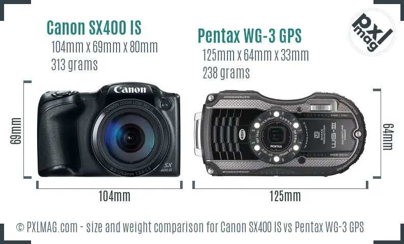 Canon SX400 IS vs Pentax WG-3 GPS size comparison