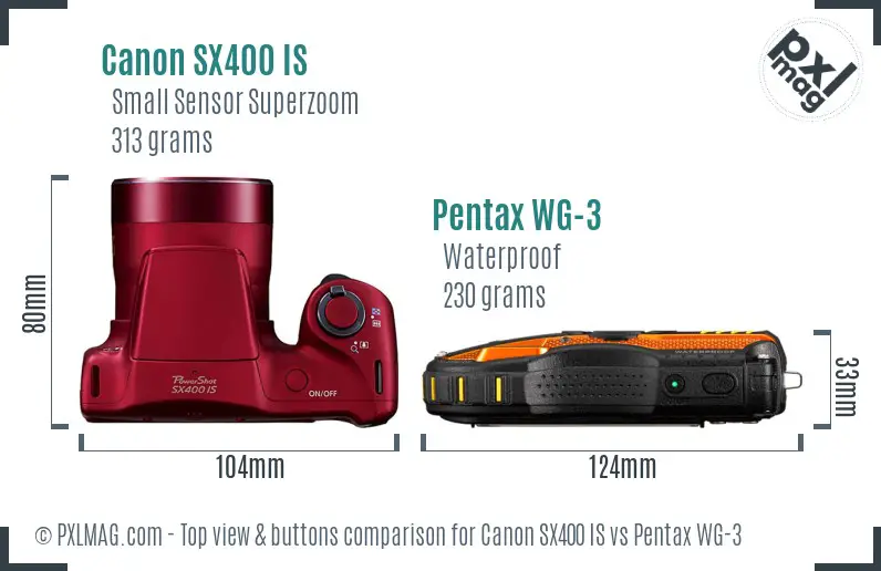 Canon SX400 IS vs Pentax WG-3 top view buttons comparison Canon SX400 IS vs Pentax WG-3 top view buttons comparison