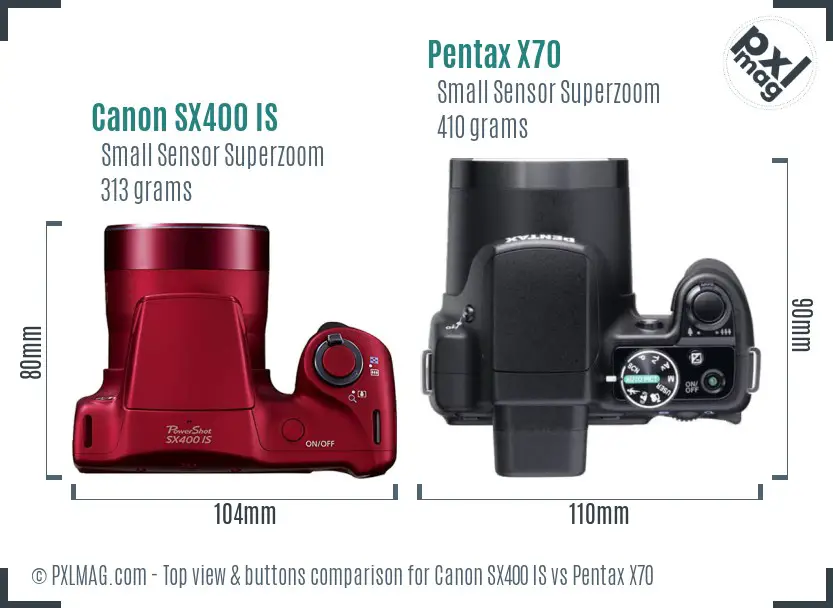 Canon SX400 IS vs Pentax X70 top view buttons comparison