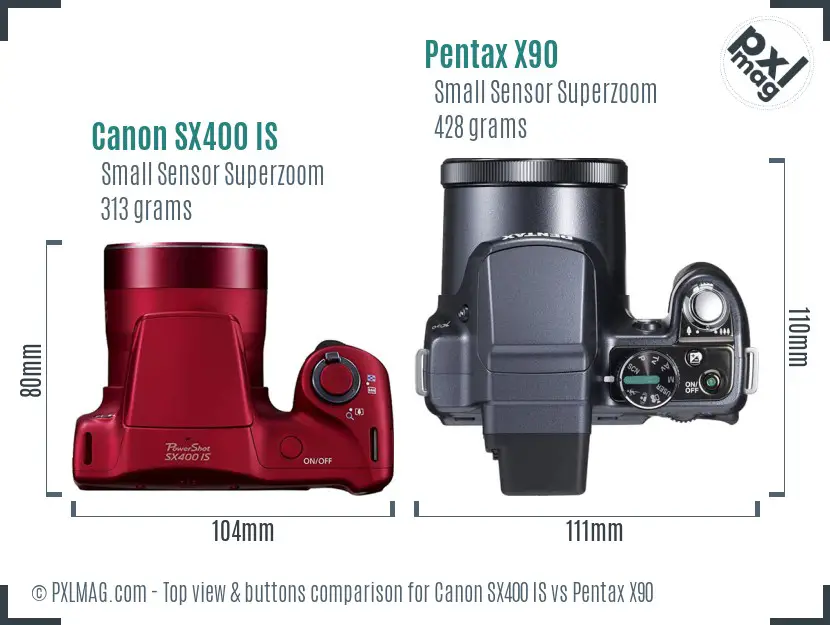 Canon SX400 IS vs Pentax X90 top view buttons comparison