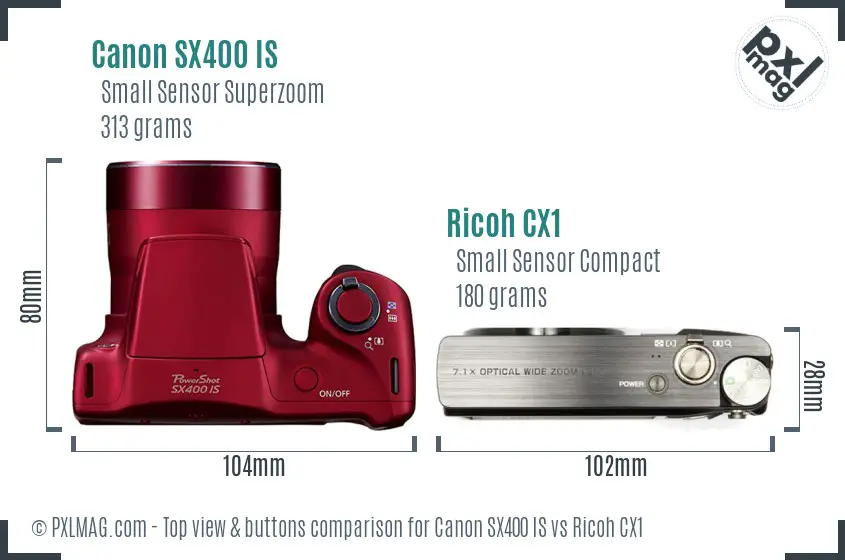 Canon SX400 IS vs Ricoh CX1 top view buttons comparison Canon SX400 IS vs Ricoh CX1 top view buttons comparison