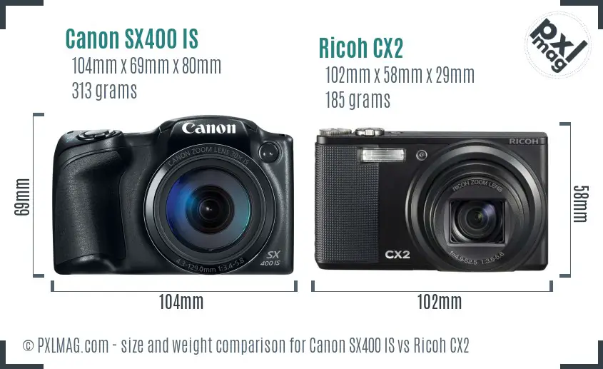 Canon SX400 IS vs Ricoh CX2 size comparison