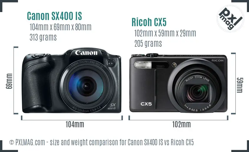 Canon SX400 IS vs Ricoh CX5 size comparison Canon SX400 IS vs Ricoh CX5 size comparison