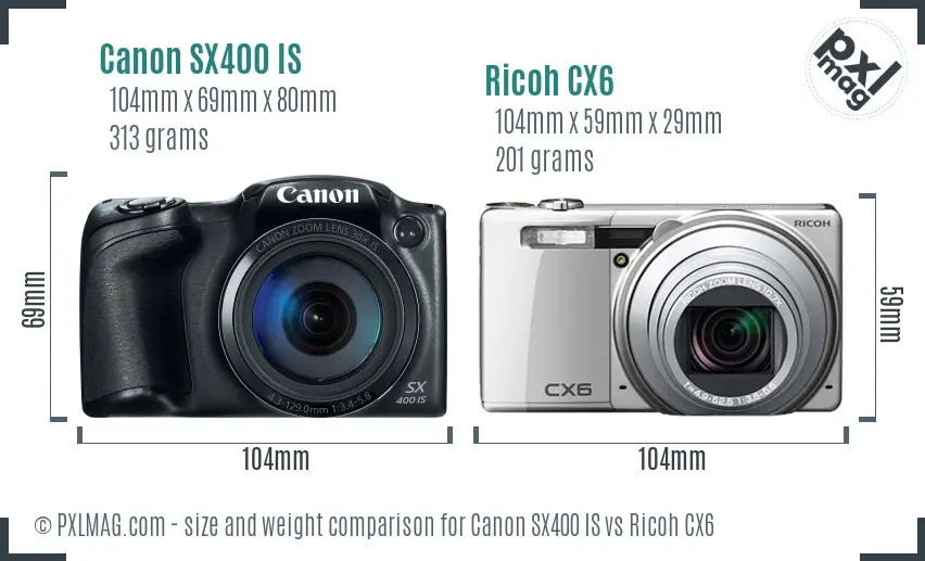 Canon SX400 IS vs Ricoh CX6 size comparison