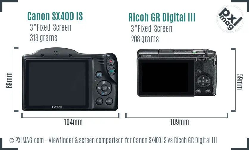 Canon SX400 IS vs Ricoh GR Digital III Screen and Viewfinder comparison