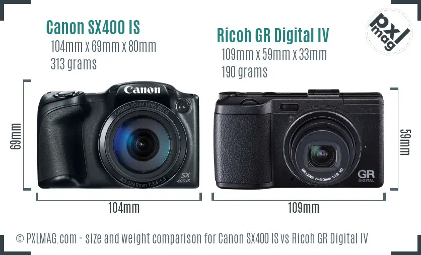 Canon SX400 IS vs Ricoh GR Digital IV size comparison