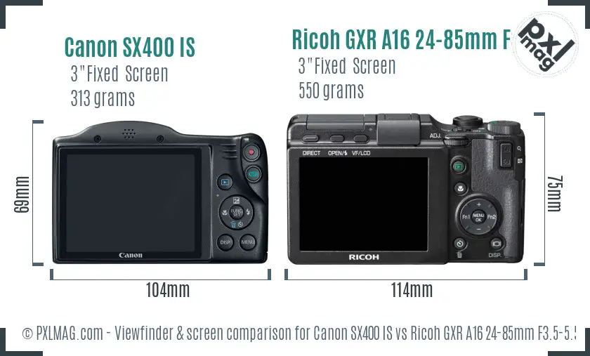 Canon SX400 IS vs Ricoh GXR A16 24-85mm F3.5-5.5 Screen and Viewfinder comparison