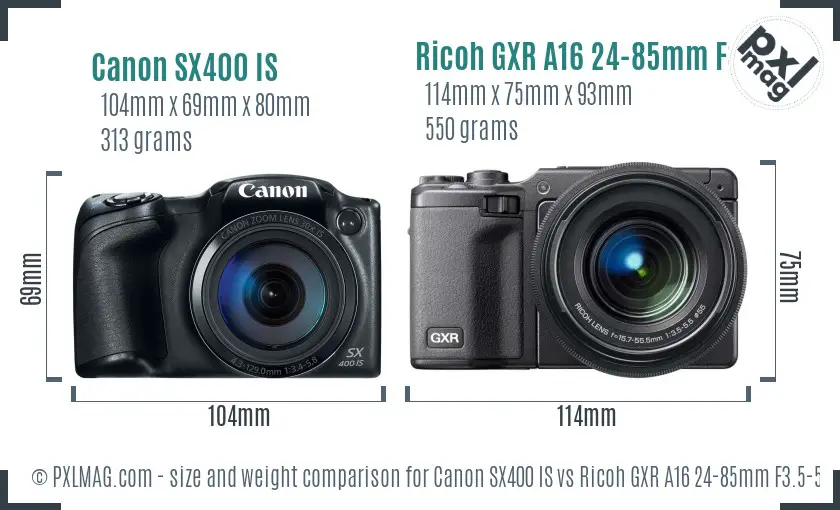 Canon SX400 IS vs Ricoh GXR A16 24-85mm F3.5-5.5 size comparison