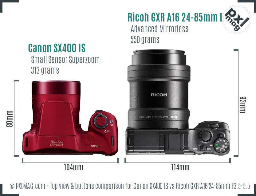 Canon SX400 IS vs Ricoh GXR A16 24-85mm F3.5-5.5 top view buttons comparison