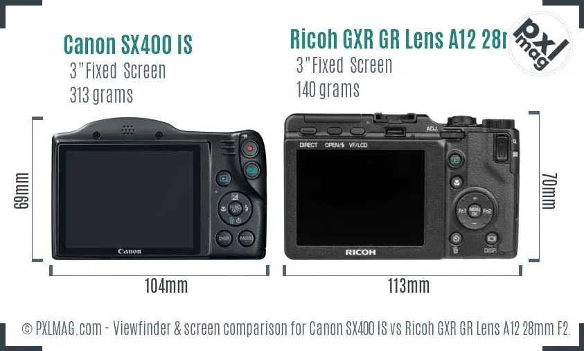 Canon SX400 IS vs Ricoh GXR GR Lens A12 28mm F2.5 Screen and Viewfinder comparison