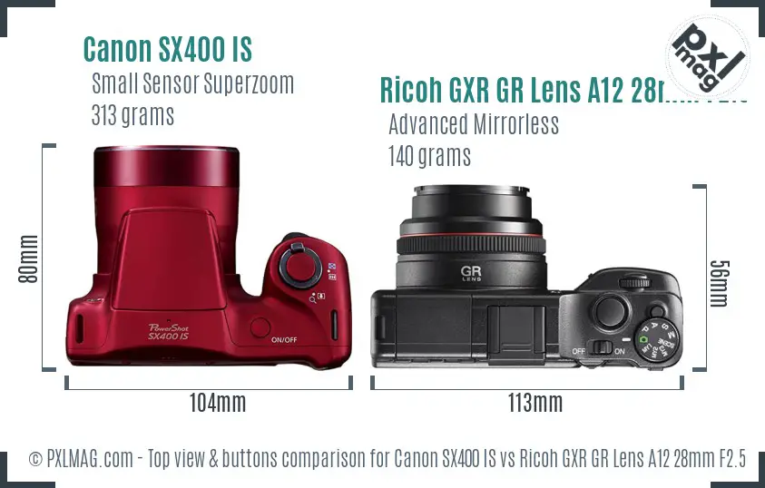 Canon SX400 IS vs Ricoh GXR GR Lens A12 28mm F2.5 top view buttons comparison