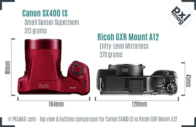 Canon SX400 IS vs Ricoh GXR Mount A12 top view buttons comparison