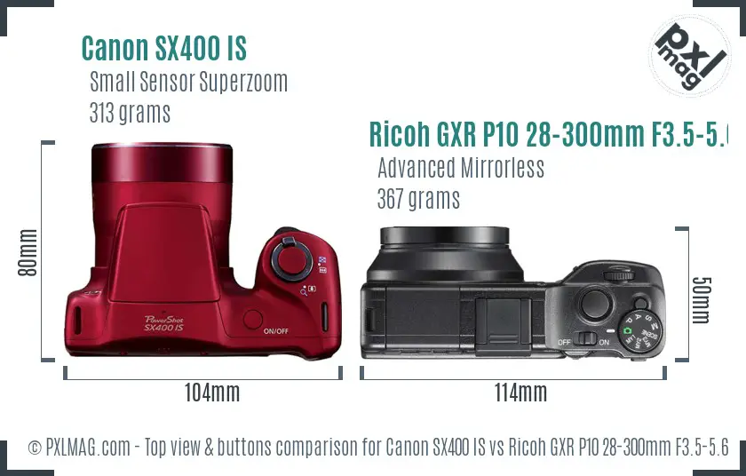 Canon SX400 IS vs Ricoh GXR P10 28-300mm F3.5-5.6 VC top view buttons comparison