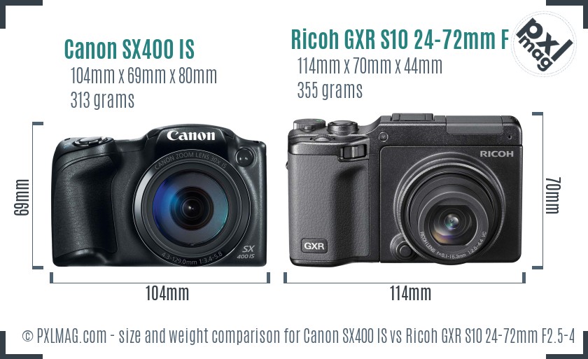 Canon SX400 IS vs Ricoh GXR S10 24-72mm F2.5-4.4 VC size comparison