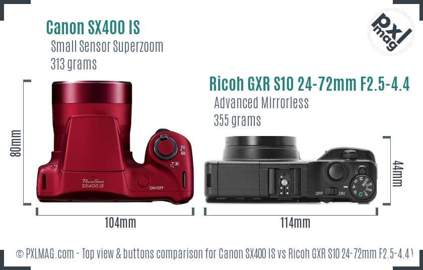 Canon SX400 IS vs Ricoh GXR S10 24-72mm F2.5-4.4 VC top view buttons comparison