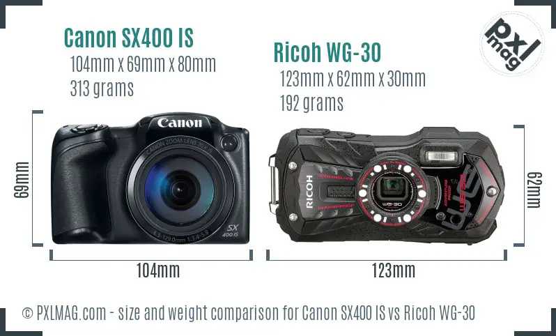 Canon SX400 IS vs Ricoh WG-30 size comparison