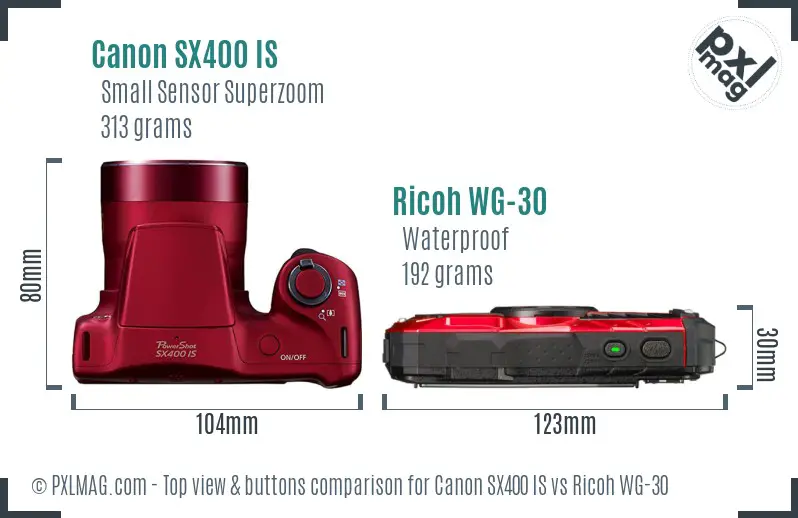Canon SX400 IS vs Ricoh WG-30 top view buttons comparison