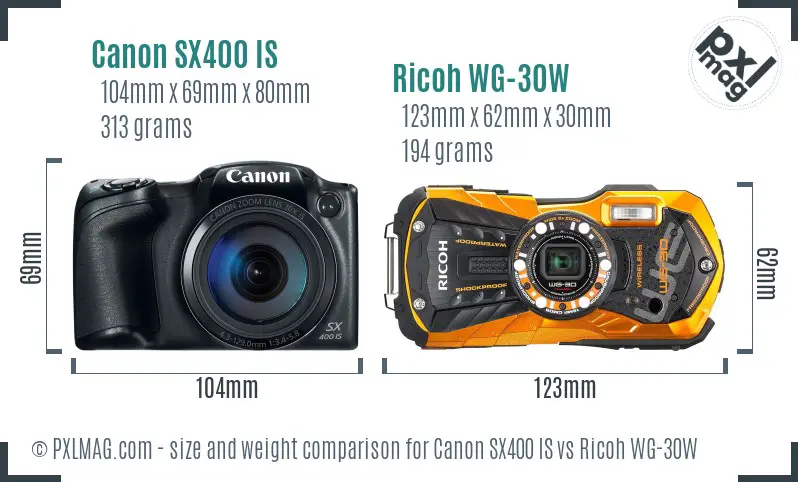 Canon SX400 IS vs Ricoh WG-30W size comparison