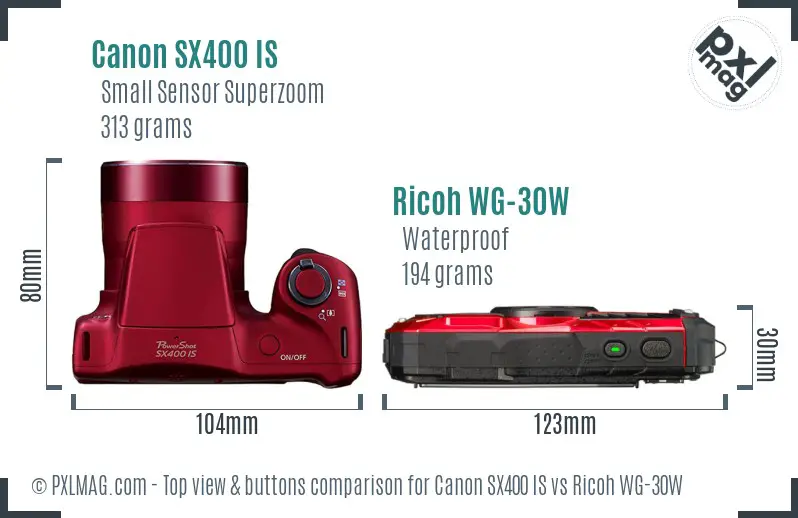 Canon SX400 IS vs Ricoh WG-30W top view buttons comparison