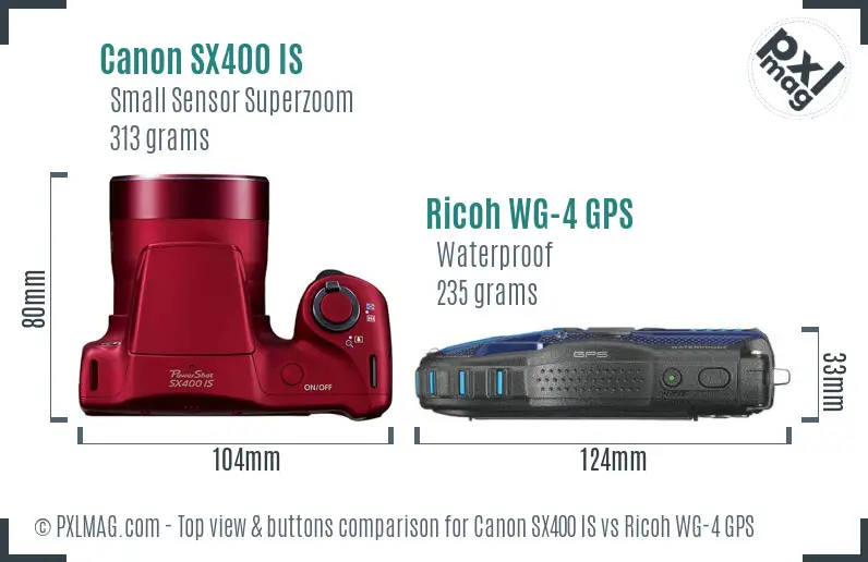 Canon SX400 IS vs Ricoh WG-4 GPS top view buttons comparison Canon SX400 IS vs Ricoh WG-4 GPS top view buttons comparison